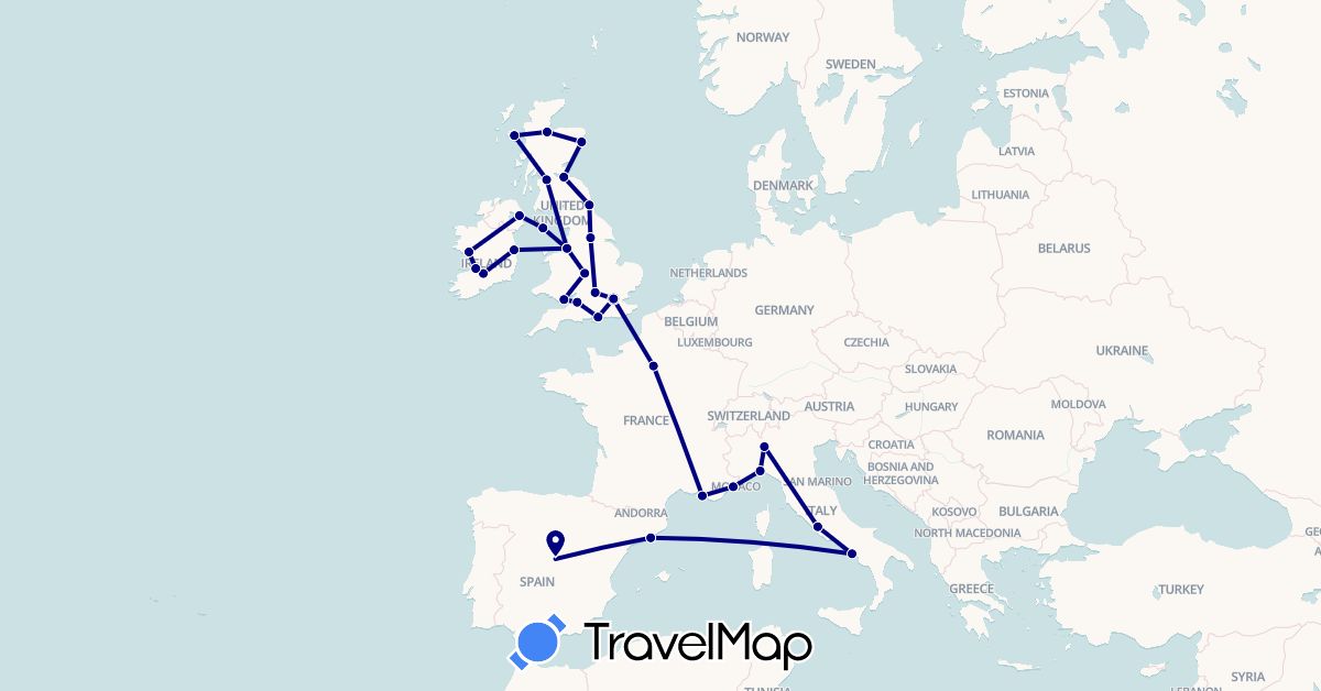 TravelMap itinerary: driving in Spain, France, United Kingdom, Ireland, Isle of Man, Italy (Europe)